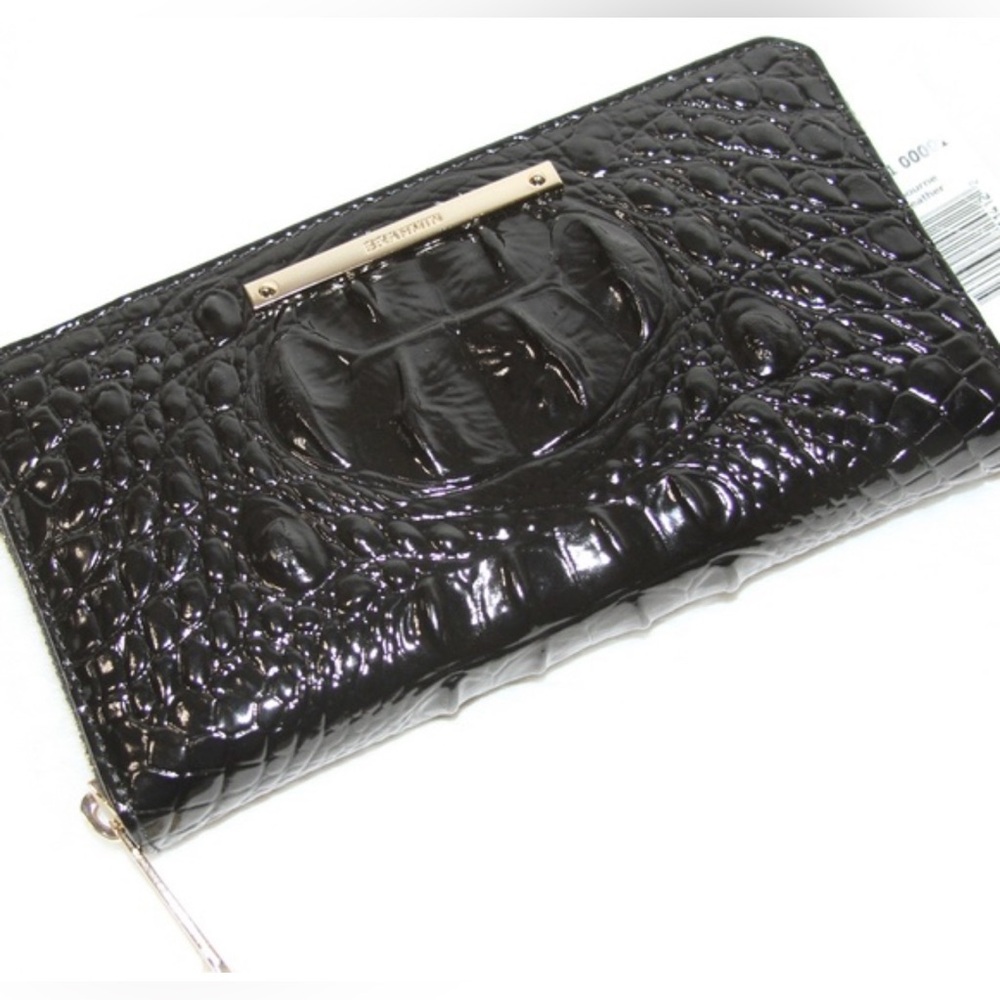 BRAHMIN Suri Black Large Long Zip Wallet Croc Embossed Leather Melbourne Glossy